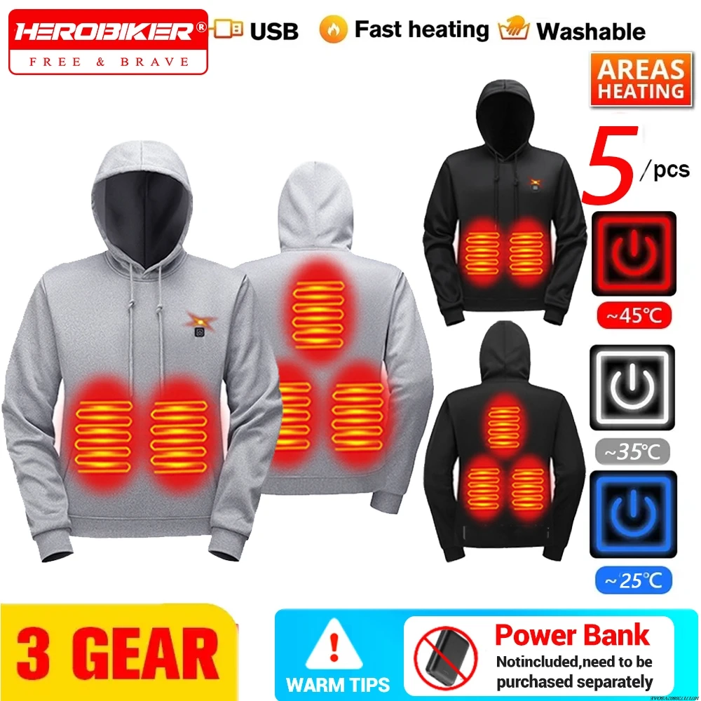 

Outdoor Electric USB Heating Sweaters Hoodies 5 Zone Heating Sweatshirt Warm Casual Clothing Electric Heating Hooded Sweatshirt