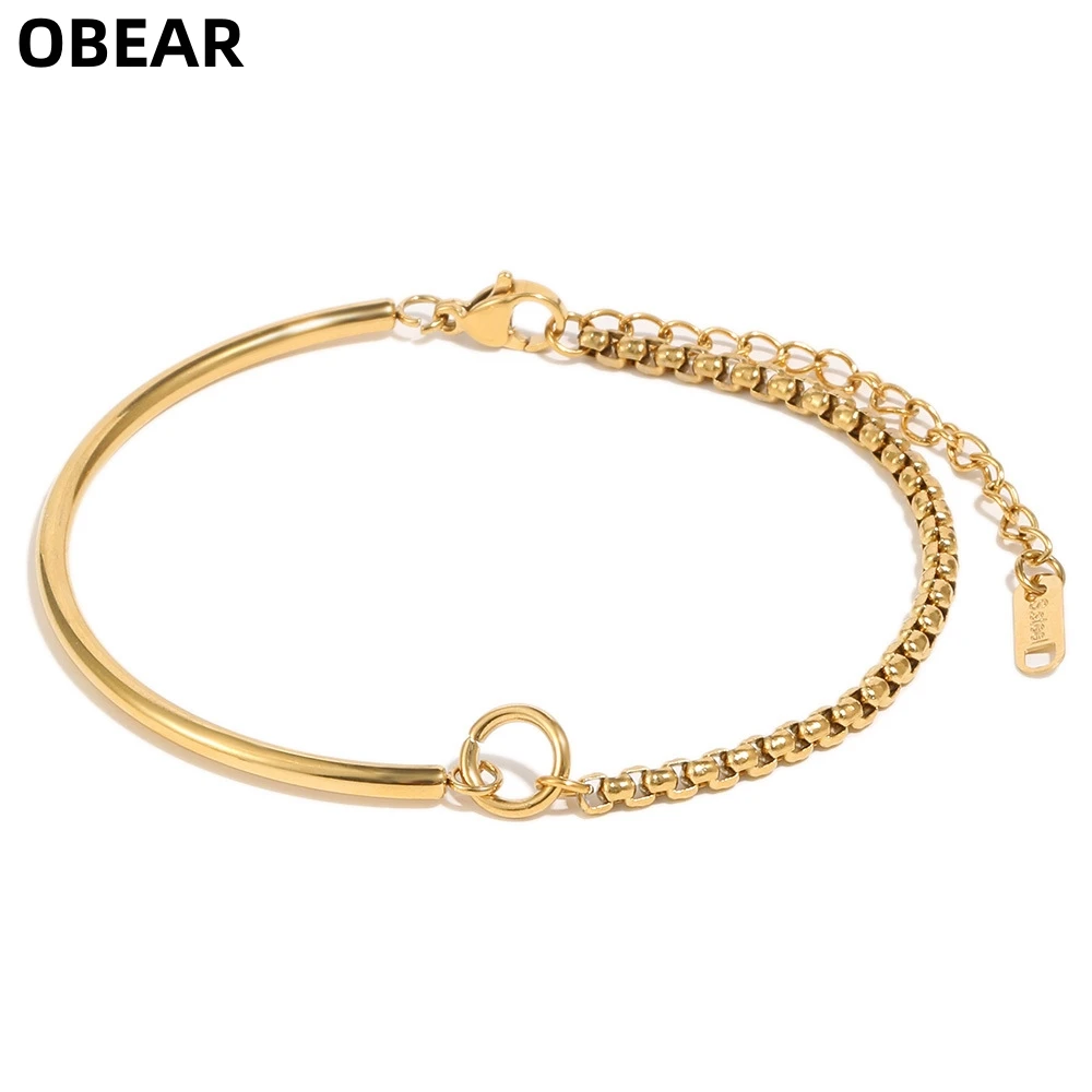 Stainless Steel Gold Plated Half Bangle Bracelet, Dainty Box Chain & Bar Link Bracelet with Adjustable Extender for Women