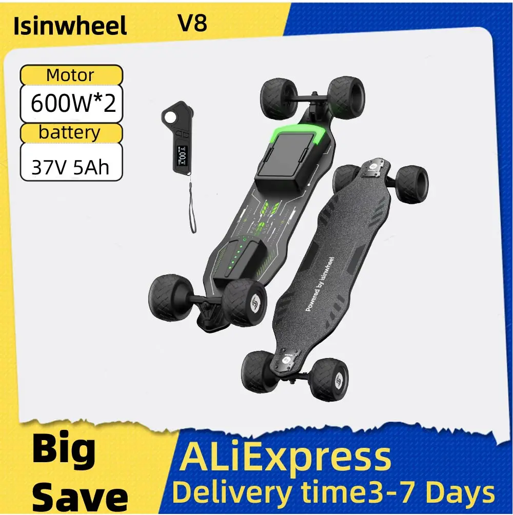 

Isinwheel V8 Adult Electric Scooter 37V 5Ah Battery 600W*2 Dual Motor f-road wheels E-skateboard E-scooter