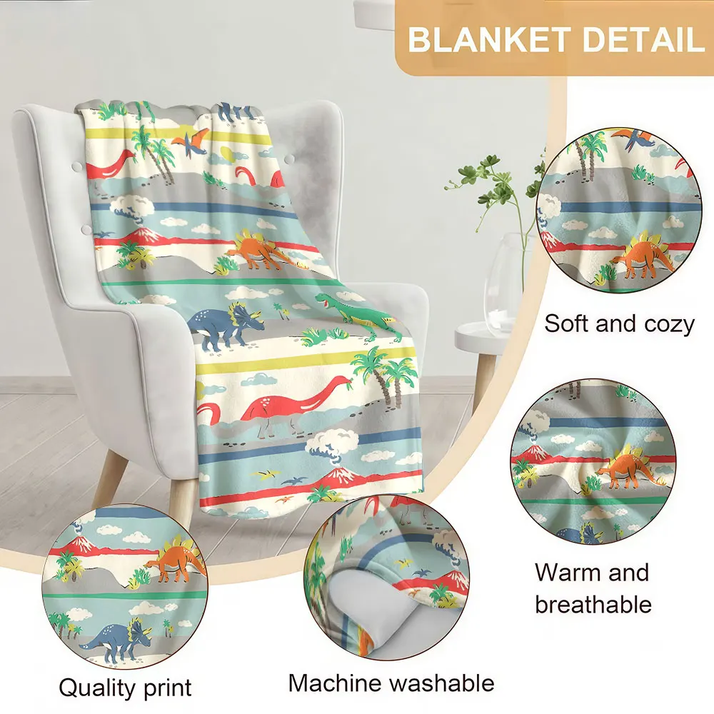 Cartoon Dinosaur Striped Soft Warm Flannel Blanket Lightweight Cozy Christmas Halloween Home Decor Room