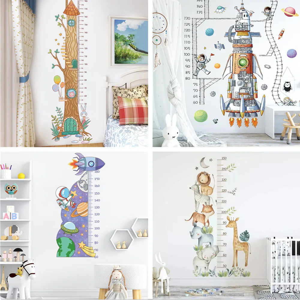 Cartoon Big Tree Animals Height Measure Wall Sticker Airship Rocket Wallpaper For Kids Room Nursery Child Growth Ruler Chart Art