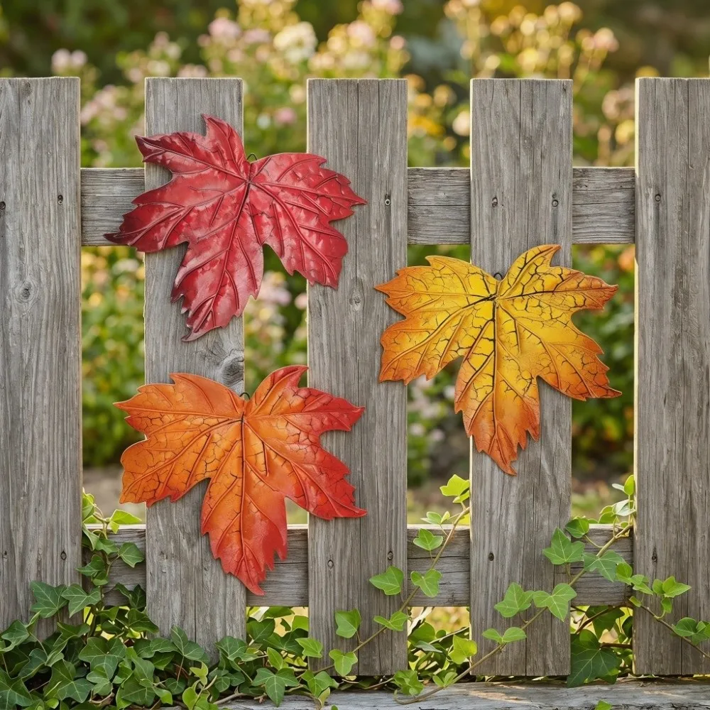 3pcs 9.4X8.6 Inch Metal Leaf Wall Decor Hanging Maple Leaves Autumn Wall Decor Metal Crackle Texture Maple Leaves Metal Art