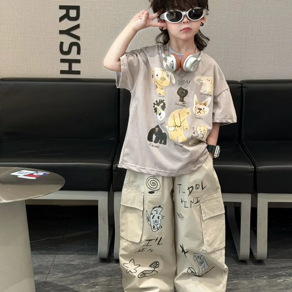 Summer Baby Boys Children Suits Kids Fashion casual Cartoon TShirt+Pocket Pants 2Pcs Sets Handsome Hip hop Streetwear Outwear