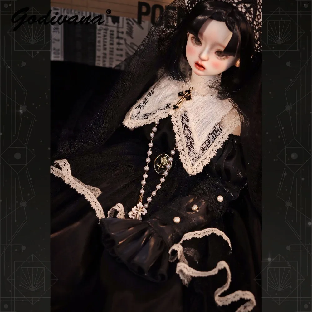 1/4 BJD Doll Clothes Gothic Nun Style Maxi Mesh Dress Vintage Flare Long Sleeve Lace Dark Lolita Gown Outfit for 1/4 BJD Doll