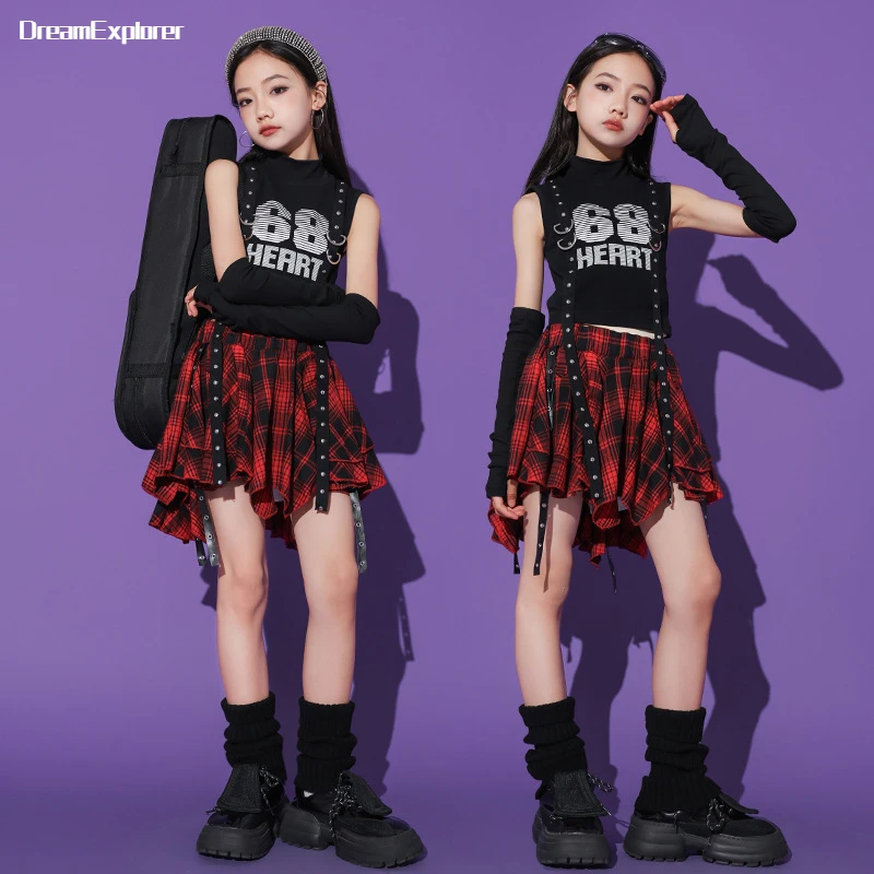 

Girls Hip Hop Crop Tank Top Plaid Street Dance Skirt Kids Pleated Skirts Teens Jazz Cool Costumes Child Streetwear Clothes Sets