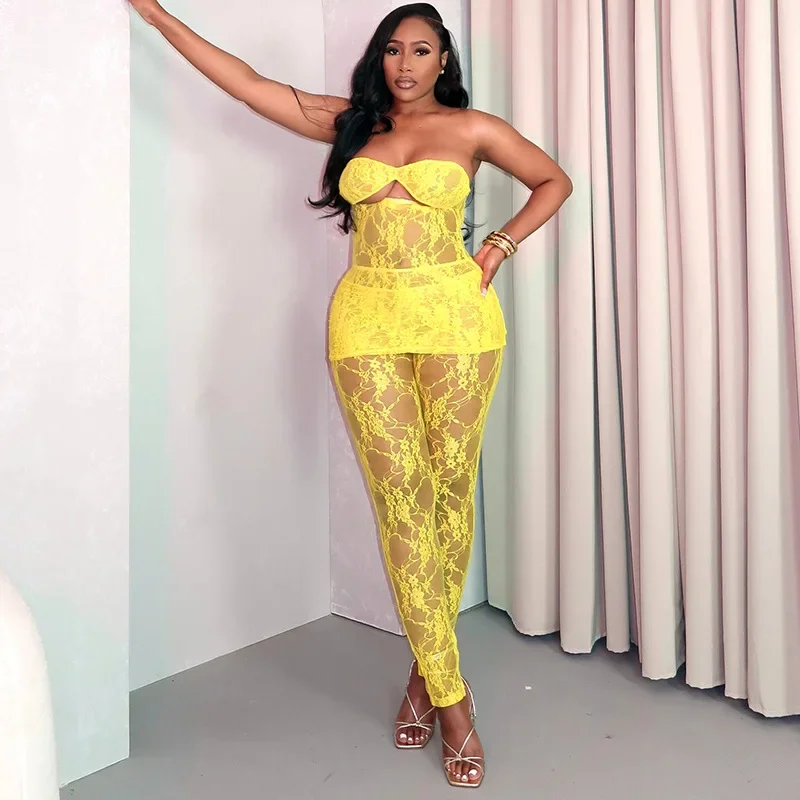 

Sexy Women 2 Piece Lace Crochet Dress Pants Sets Lace Embroidery Cut-out Dress Party Lace See Through Slim Two Piece Outfits New