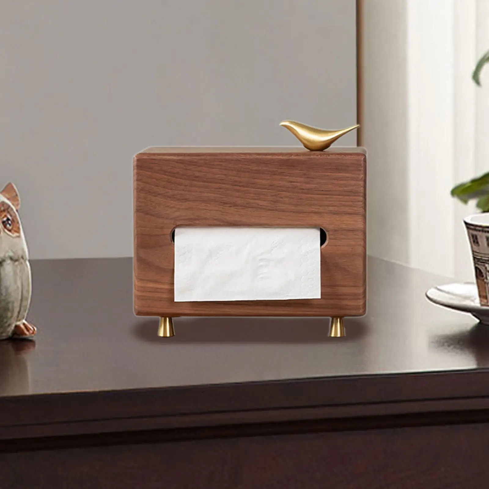 Tissue Box Wood Practical Simple with Copper Bird for Kitchen Hotel Restroom