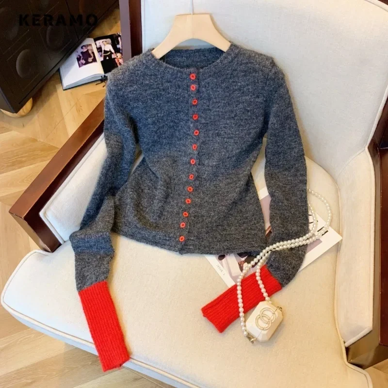 

2024 Winter Hotsweet Casual Knitting Long Sleeve Gyaru Pullovers Women Round Neck Coquette Patchwork Sheath Ladies Sexy Sweater
