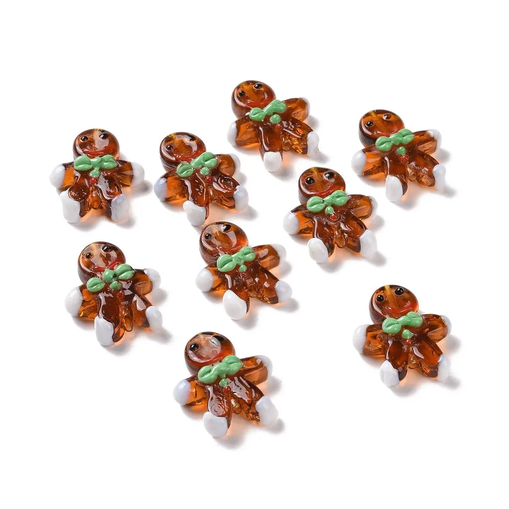 10pcs Gingerbread Man Beads Handmade Lampwork Loose Beads for Christmas Jewelry Making Supplies 27.5~28.5x23.5~24.5x7.5~8mm