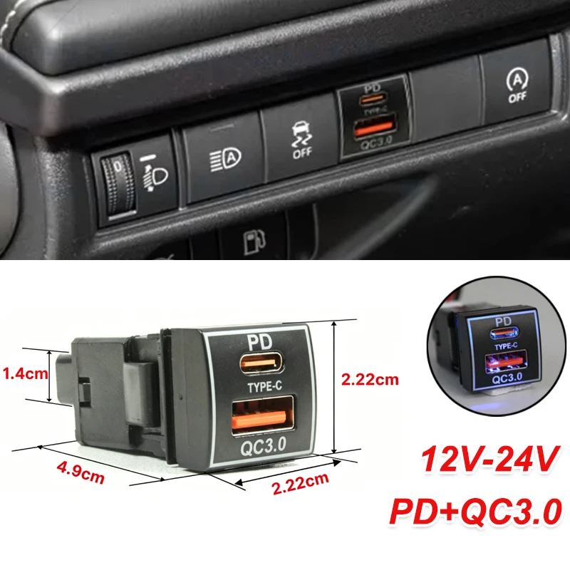 Kebidumei 12V/24V Car Charger PD QC3.0 Charger Socket Power Adapter USB Outlet With Cable LED Light for Toyota Car Accessories