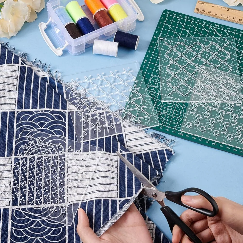 4Pcs Acrylic Sashiko Stencil Cross Acrylic Embroidery Tool Drawing Line Template for Hand Quilting and Embroidery 2.5mm Thick