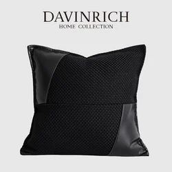 DAVINRICH 모던한 가죽 패치워크 투척 베개 커버, 럭셔리 흑요석 장식 쿠션 케이스, 빌라 호텔용