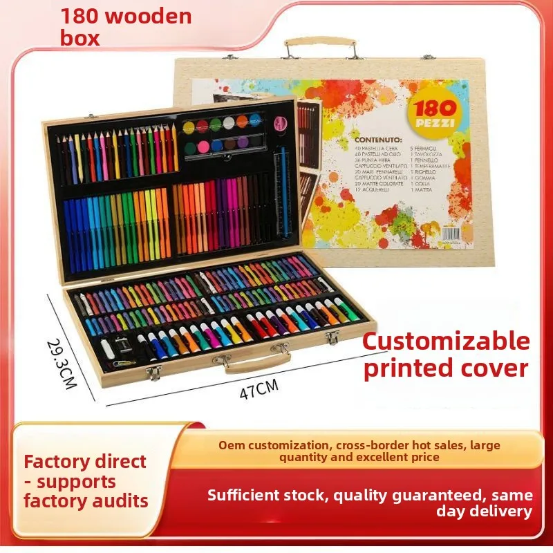 180 Piece Wooden Box Art Set for Kids and Students, Portable Painting Kit with Crayons, Oil Pastels and Watercolor Pens for