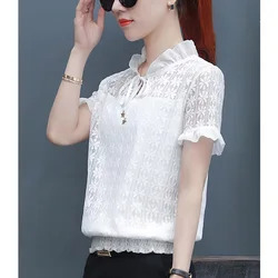 Elegant Lace Spliced Shirring Lace Up Bow Ruffles Blouse Female Clothing 2023 New Casual Pullovers Tops Office Lady Shirt