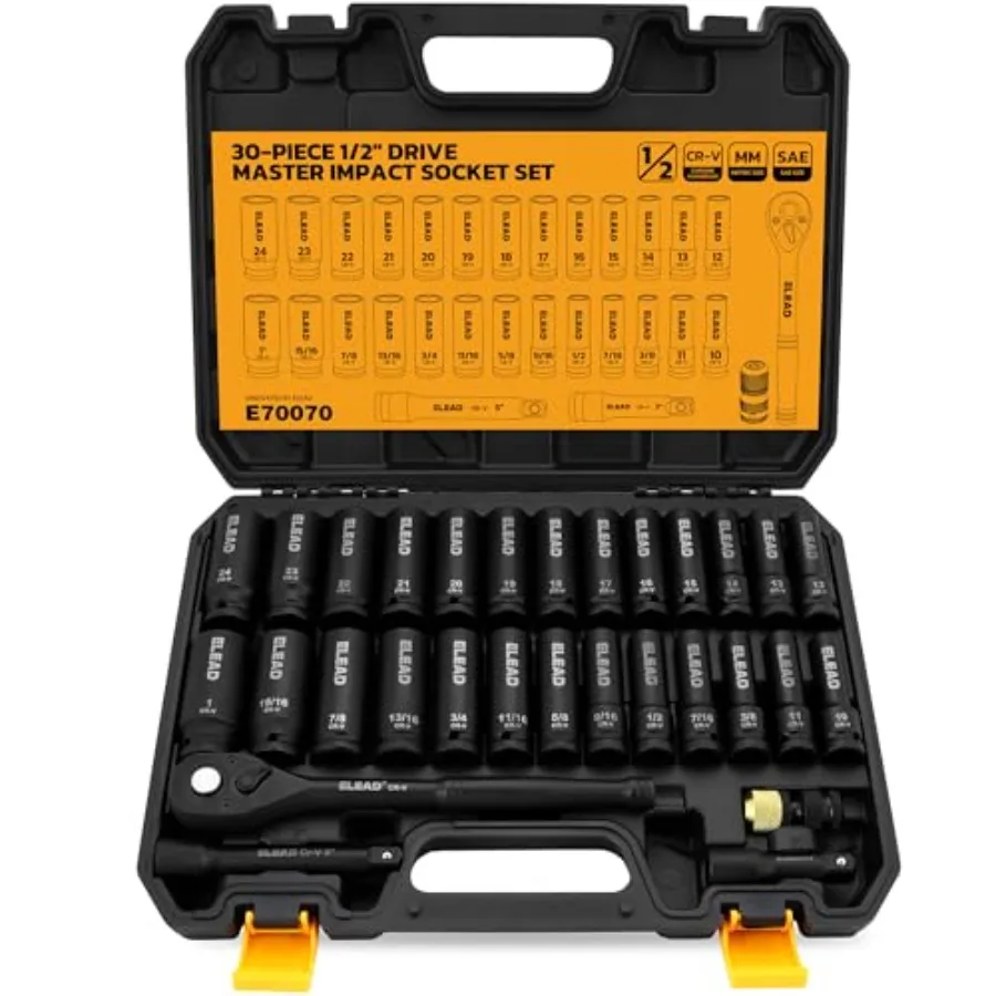 

Набор глубоких ударных головок ELEAD 1/2 дюйма: 30 предметов, стандартные размеры SAE от 3/8 до 1 дюйма и метрические (10-24 мм), удлинители 3 и 5 дюймов B