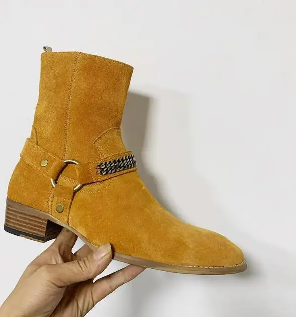 British Tan Black Cow Leather Chains Harness Buckle Men Ankle Boots Stacked Heel Side Clasp Buckle Zip Chelsea Boots Zapatos