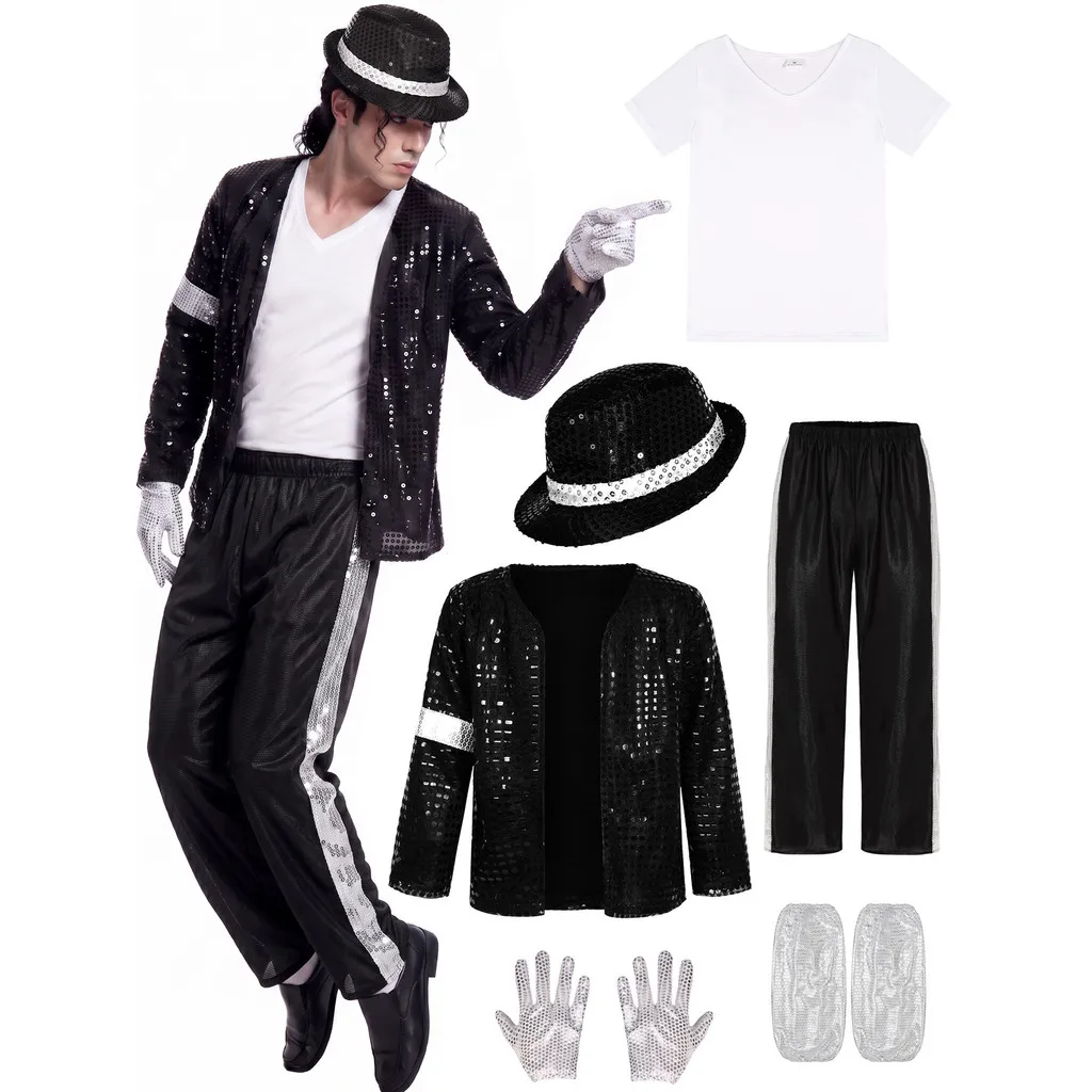 Men Retro Pop Star Disco Costume Black Sequin Jacket Striped Pants Hat Gloves Halloween Stage Show Cosplay Outfit