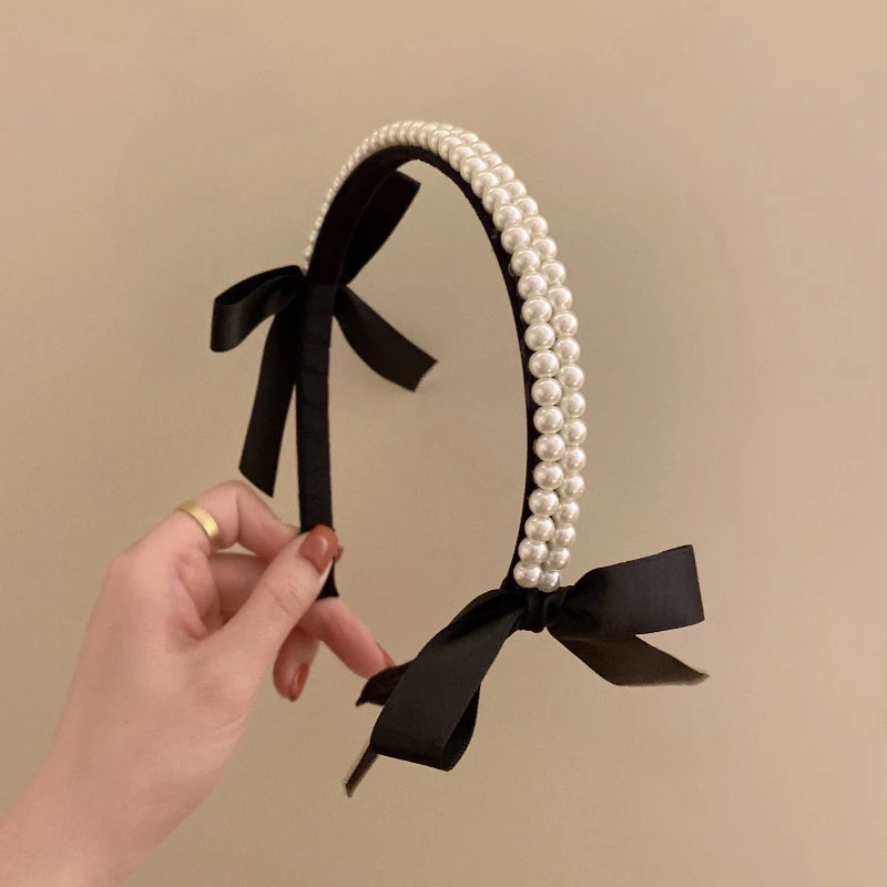 Vintage French Pearls Bow Hair Band For Women Girls Headband Korean Elegant Black Classic Hair Hoop Hair Accessories