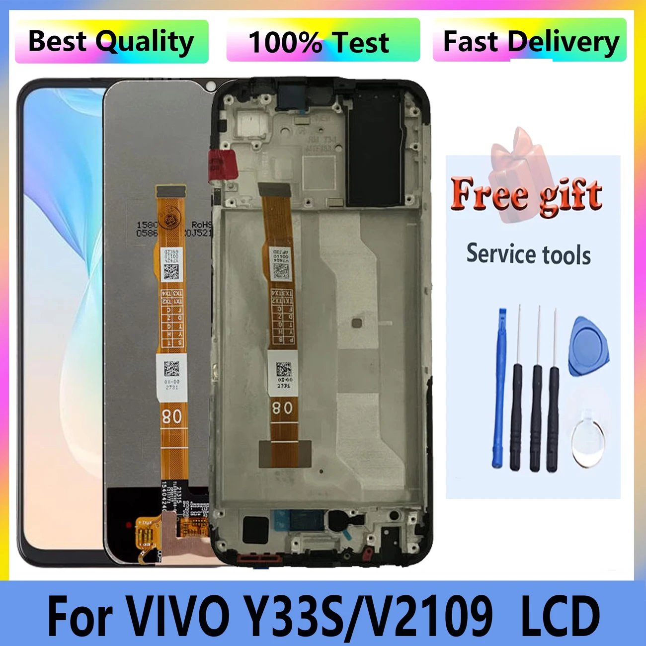 VIVO Y33s V2109 용 정품 디스플레이, 프레임 LCD 터치 스크린 디지타이저 어셈블리 전면 교체 부품, 6.58 인치