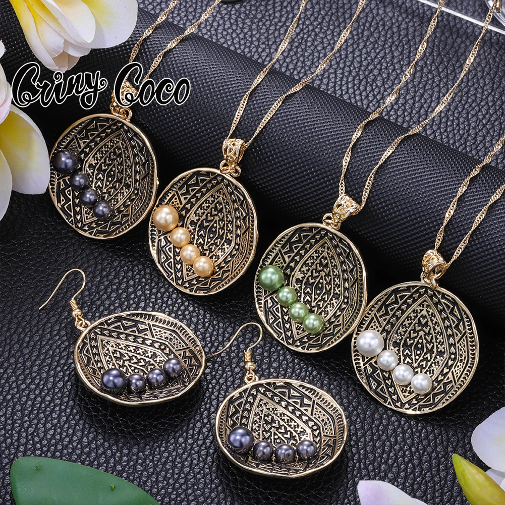 Cring Coco Women's Hawaiian Polynesian Fashion Jewelry Set Vintage Gilded Concave Circle Pearl Necklace Earrings Sets For Women