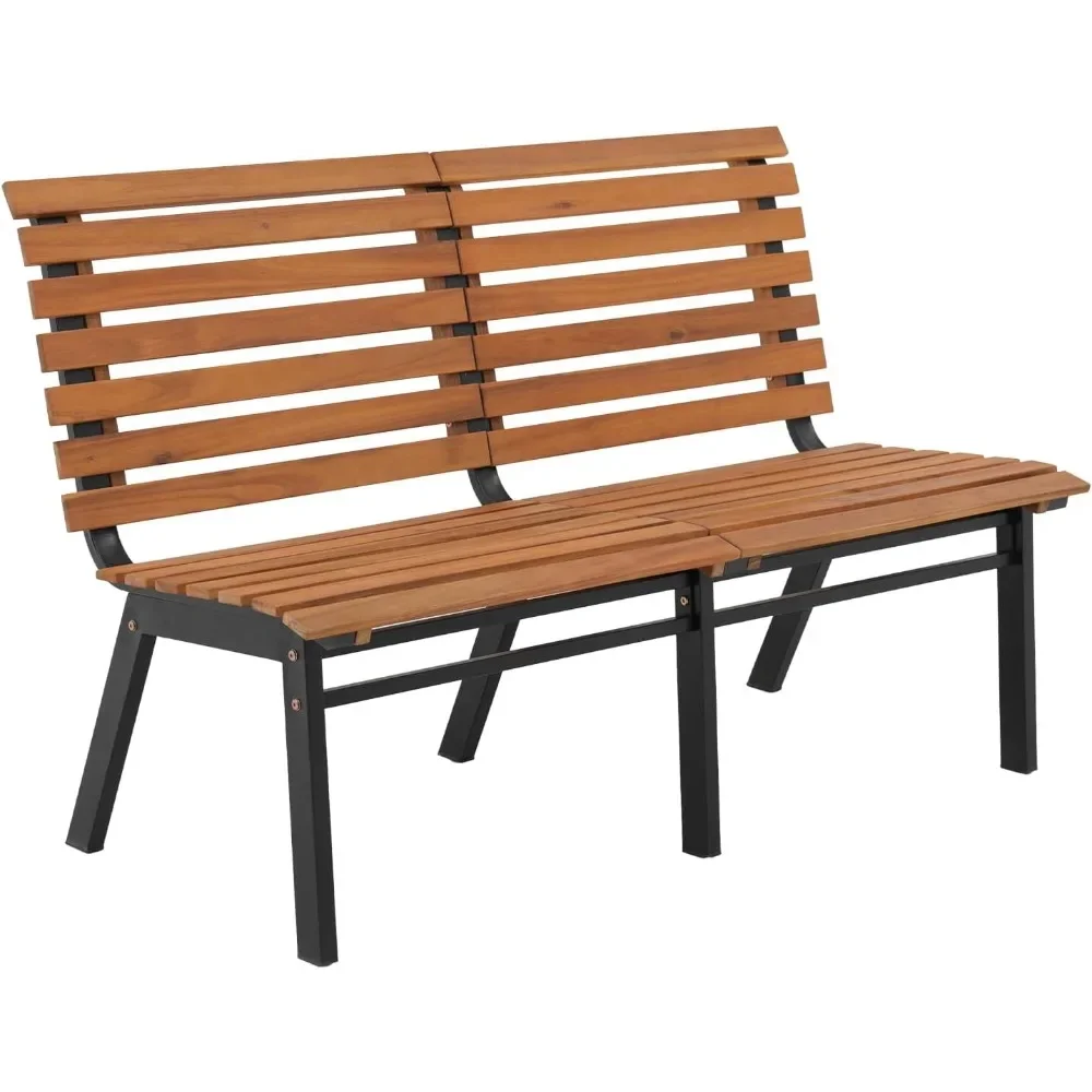 Banc extérieur en bois d'acacia, banc de jardin sans accoudoirs finition d'huile avec siège à lattes et cadre en acier pour jardin, parc, porche, cour