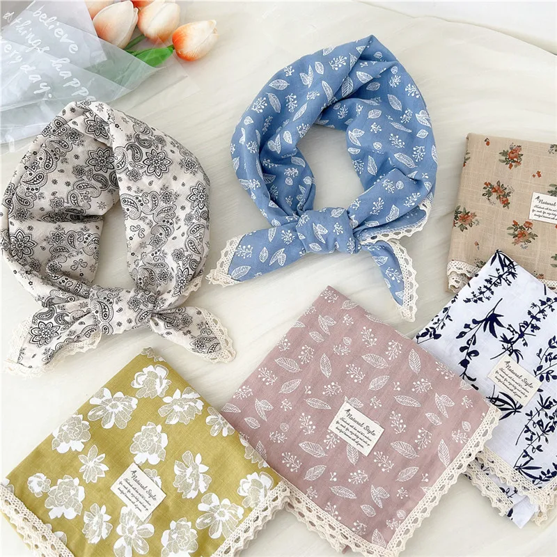 Cotton Linen Lace Edge Square Scarves 60cm Kerchief Neckerchief Bandanas Women Casual Neck Scarf Plaid Print Geometric Pattern