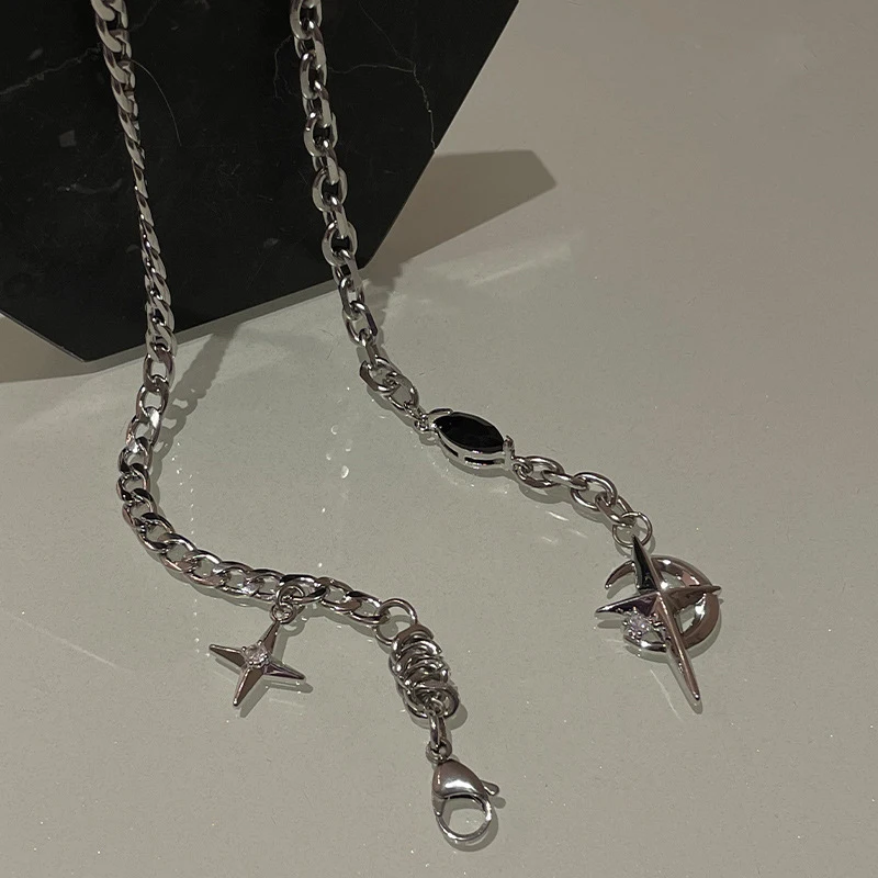 JWER New Y2K Cuban Figaro Chain Star Moon Pendant Necklace Men Punk Black Zircon Chain Choker Necklace For Men Jewelry Gifts image 3