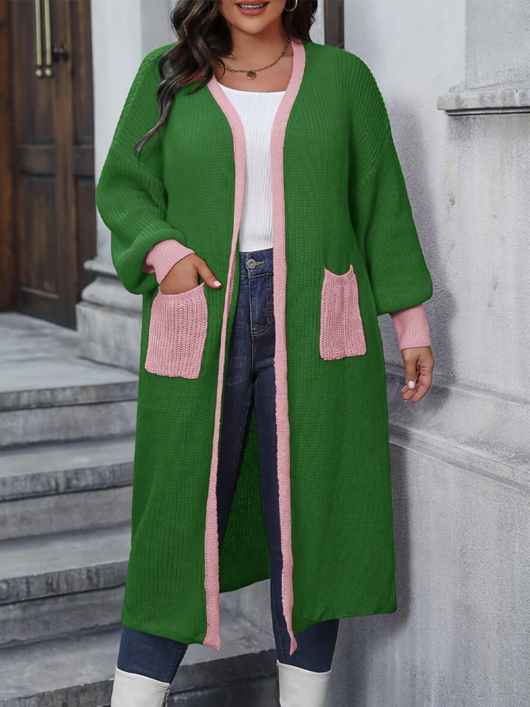 

Hot Sale Plus-Size Color-Blocked Knit Long Buttonless Cardigan Autumn Winter Warm Versatile Lantern Sleeves Women's Sweater Coat