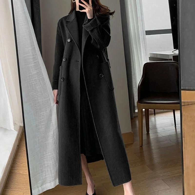 

Elegant Women's Long Wool Coat Autumn Winter Chic Slim Fit Over Knee Office Lady Coat