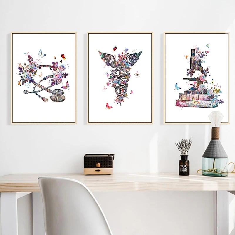 Cadeau pour Médecin, Dispositif Médical, Peinture Aquarelle, Impression sur Toile, Caducée, Stéthoscope, Microscope, Affiche, Décoration Murale Clinique