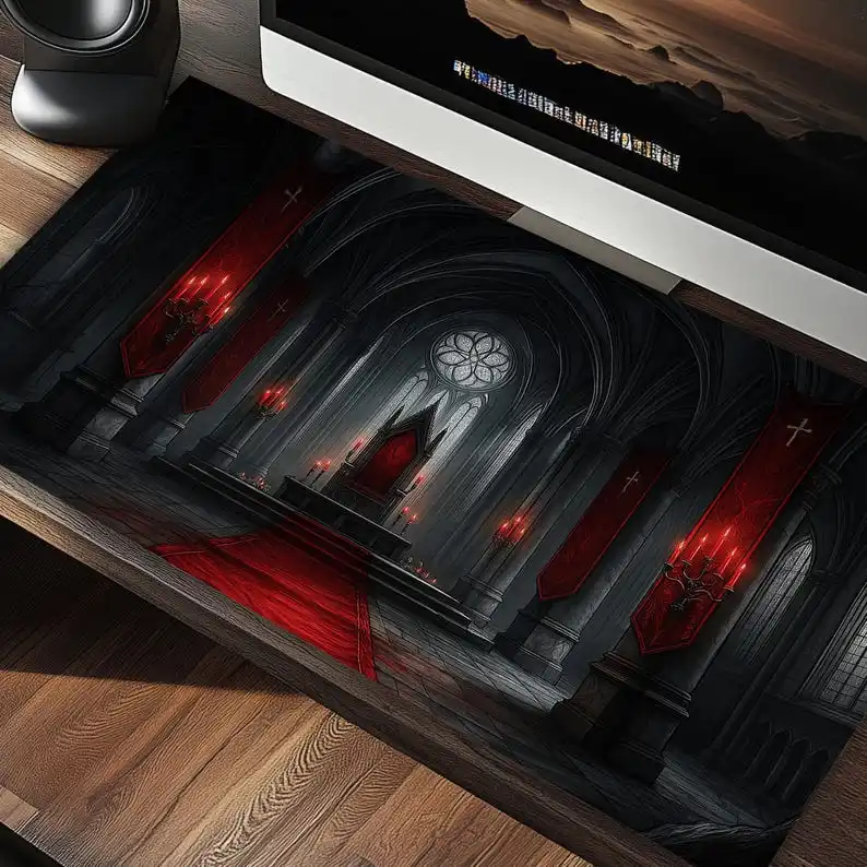 

Gothic Throne Room Gaming Desk Mat, Black Red Gray Game Table Decor Fantasy Medieval Playmat TCG Mouse Pad Gamer Office Gadget