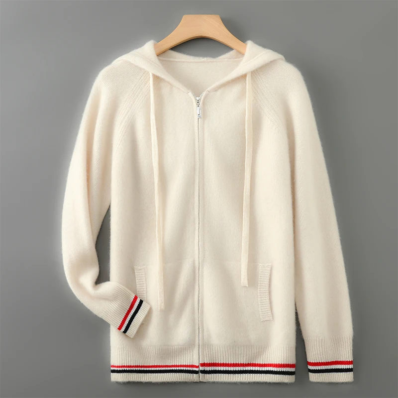 

Осенне-зимний кардиган из 100% чистой шерсти, мужской свитер с капюшоном, плотное вязаное пальто соответствующего цвета, свободный кашемировый свитер