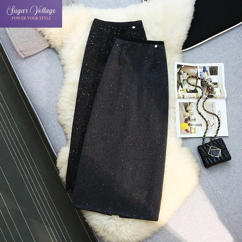 Elegant Glitter Woolen Midi Skirt Women Autumn Winter Chic High Waist Bodycon Pencil Skirt with Slit Sparkly Sequin Party Outfit