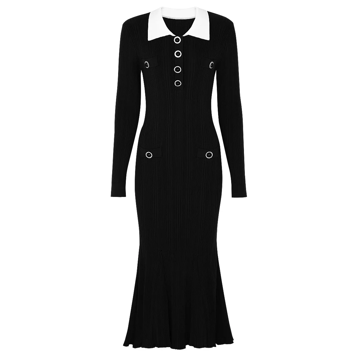 Long Black Slim Knitted Dress Lapel Button Burgundy Fishtail Skirt Long Sleeve Fashion Party Dress Autumn Elegant Clothes Woman