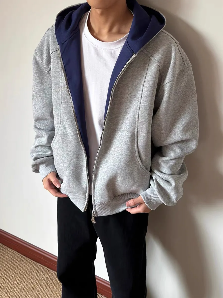 

American Retro Deconstructed Zipper Hooded Cardigan Men's Versatile Inner Color Design Casual Jaet Loose Fit Youth Autumn L...