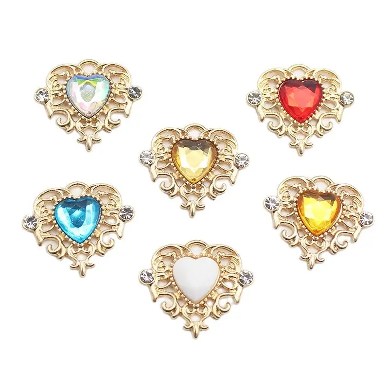 10Pcs NEW 21*25mm Heart Flat Alloy Rhinestone Buttons For Clothing Decoration Diy Crafts Headband Wedding Decoration