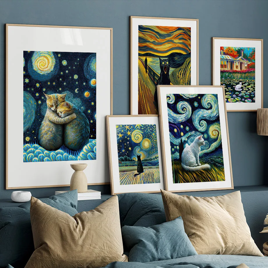 Van Gogh Inspired Wall Art Mural Starry Night Canvas Painting Celestial Cat Poster Print Pictures For Living Room Home Decor