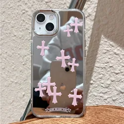 Luxury Pink Jesus Christ Cross Mirror Face Phone Case For iPhone 15 14 13 12 11 Pro Max Hard Acrylic Makeup Mirror iPhone Cases