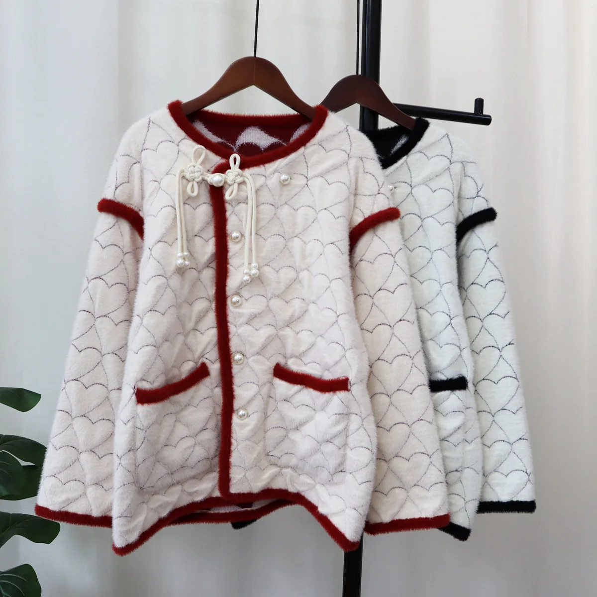 

Hsa Bows Knitted Cardigan V Neck Open Stitch Long Sleeves Cardigans Korean Chic Design Sweater Pearli Beading Sweater Jackets