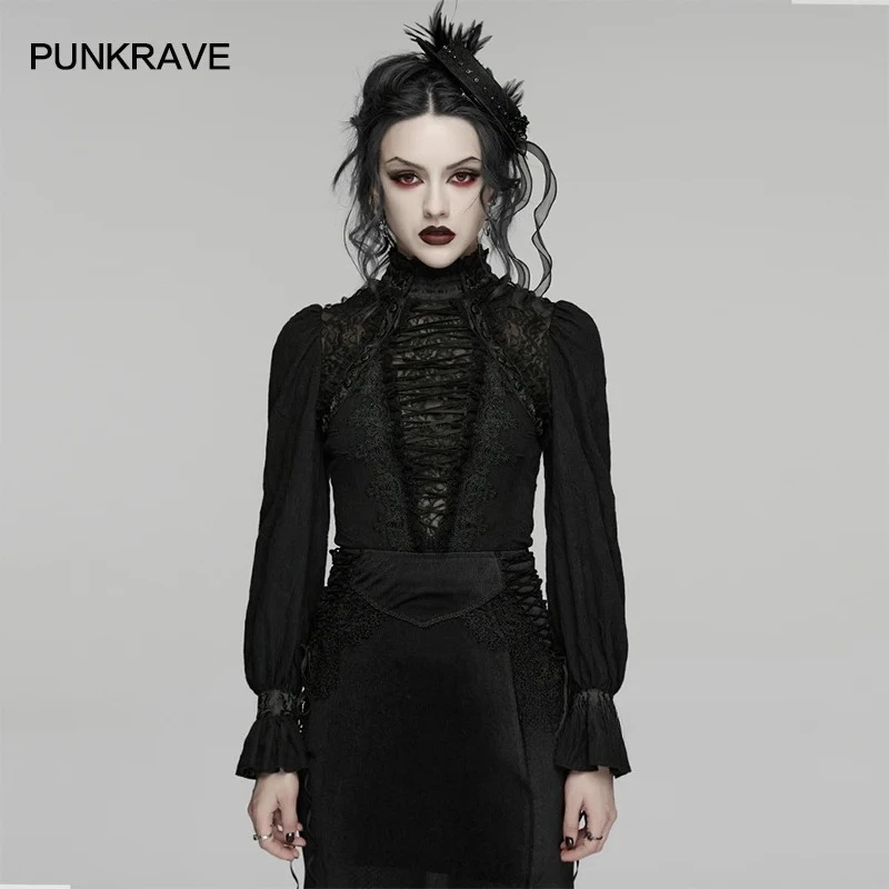PUNK RAVE Women's Gothic Visual Textured Striped Lace Jacquard Pullover Shirt Decal  Drawstring Party Club Dark Tops