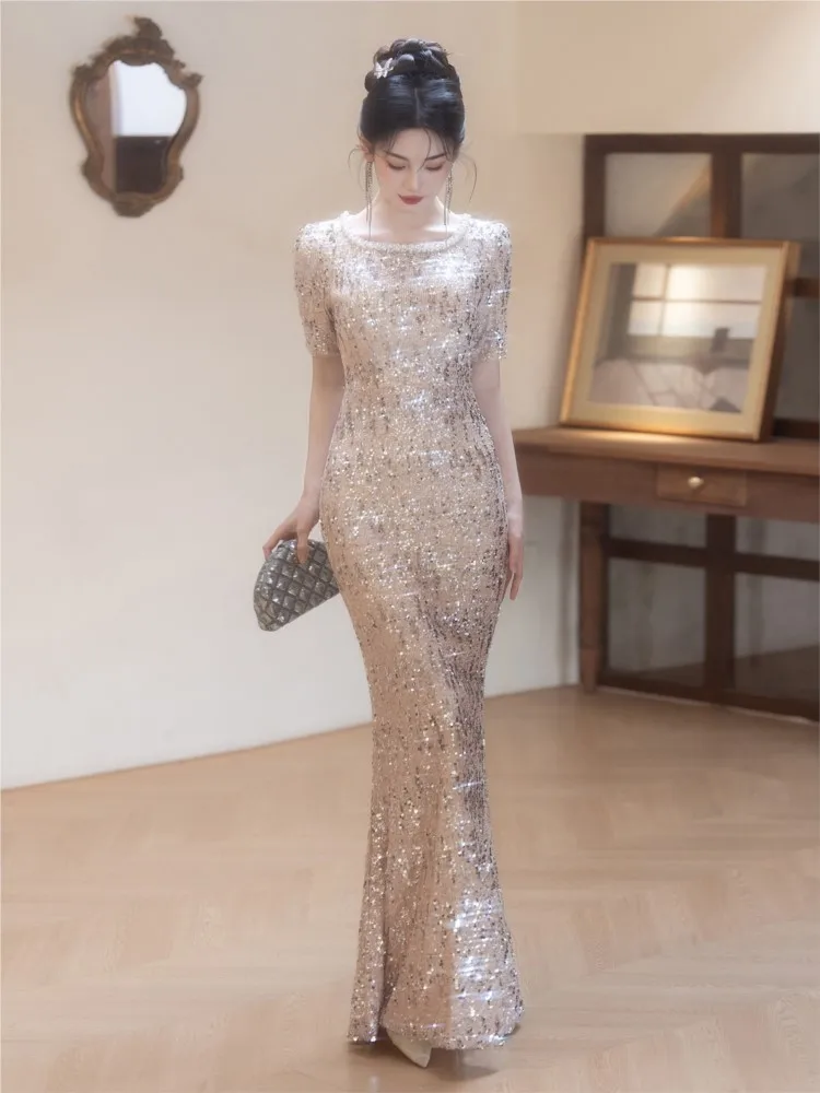 Fishtail evening dress for women champagne-colored sequined light luxury banquet attire