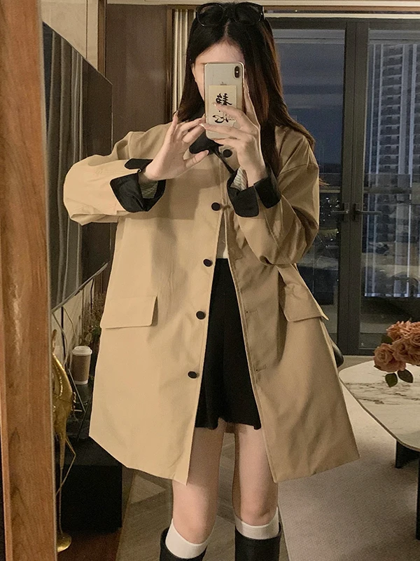 

Длинное пальто цвета хаки Briti Sle для женщин, студенческого размера, контрастного цвета, весенне-осенняя одежда, прямой...