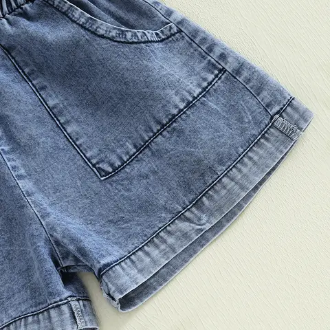 गर्मियों में छोटी बच्चियों के लिए डेनिम ओवरऑल शॉर्ट्स, छोटी आस्तीन, नीचे की ओर मुड़ने वाला कॉलर, बटन डाउन इलास्टिक कमर वाला जीन रोम्पर जंपसूट 8 best sales लड़कियों का जंपसूट - №3