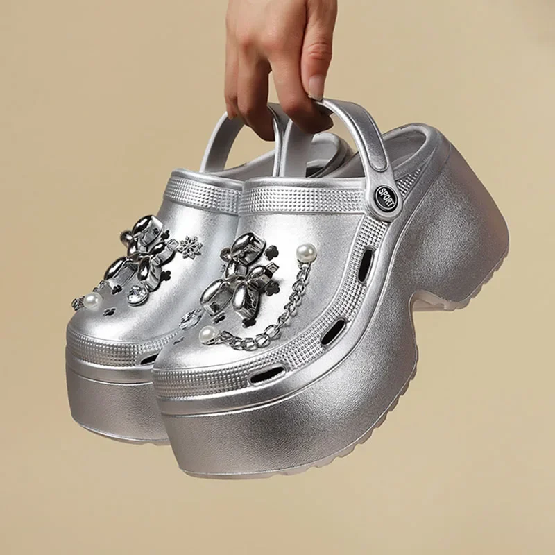 Women's Diy Clogs Summer 2026 Slip On Wedge Heels Chunky Platform Sandals Woman Silver Chain EVA Slippers Garden Shoes Woman