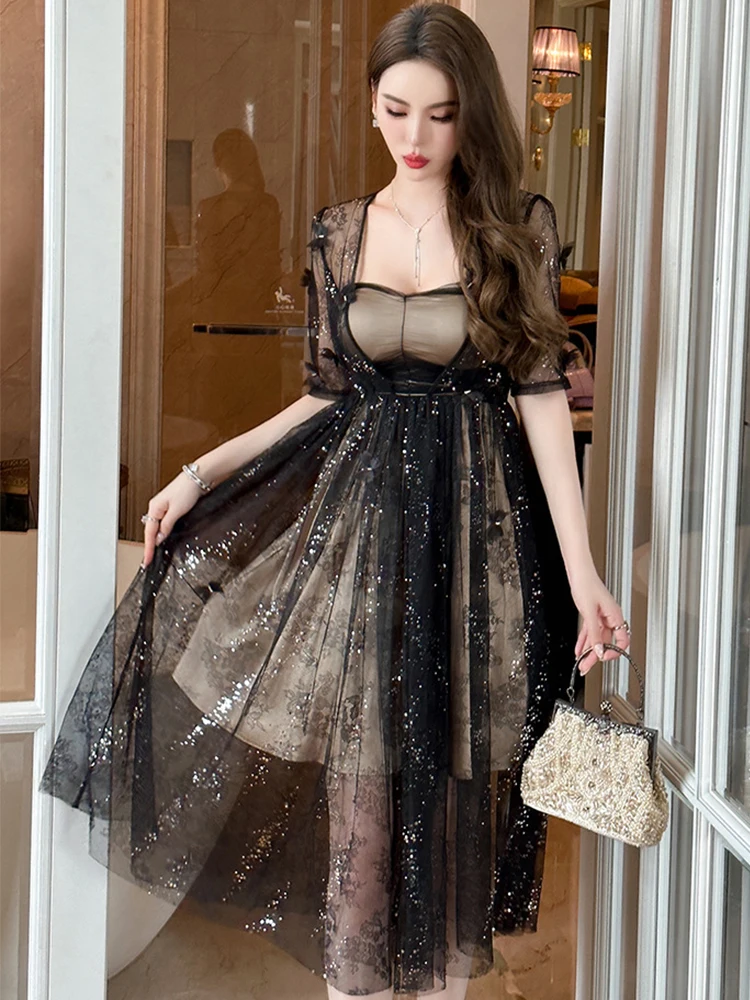 Women's Fashion French Retro Long Dress Woman Sheer Black Lace Butterfly Sequin Ball Gown Party Vestidos Prom Banquet Robe Femme