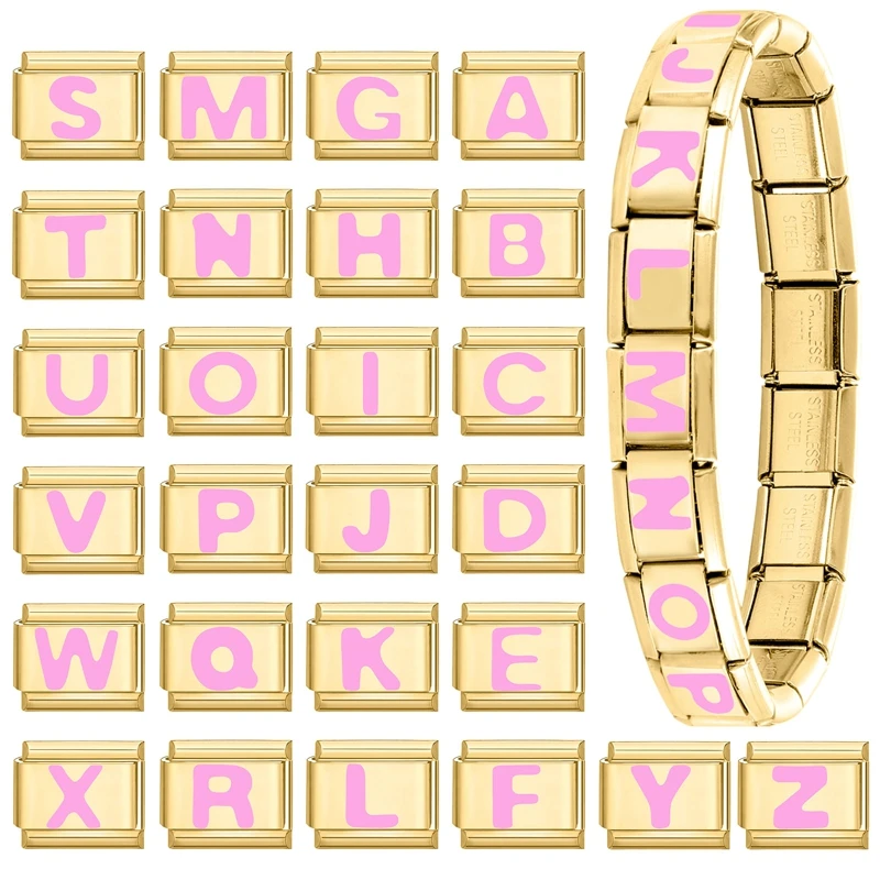 Vintage Y2K Pink 26 English Letters Gold Color Italian Charm Links Fit 9MM Bracelet Stainless Steel Making DIY Birthday Gift
