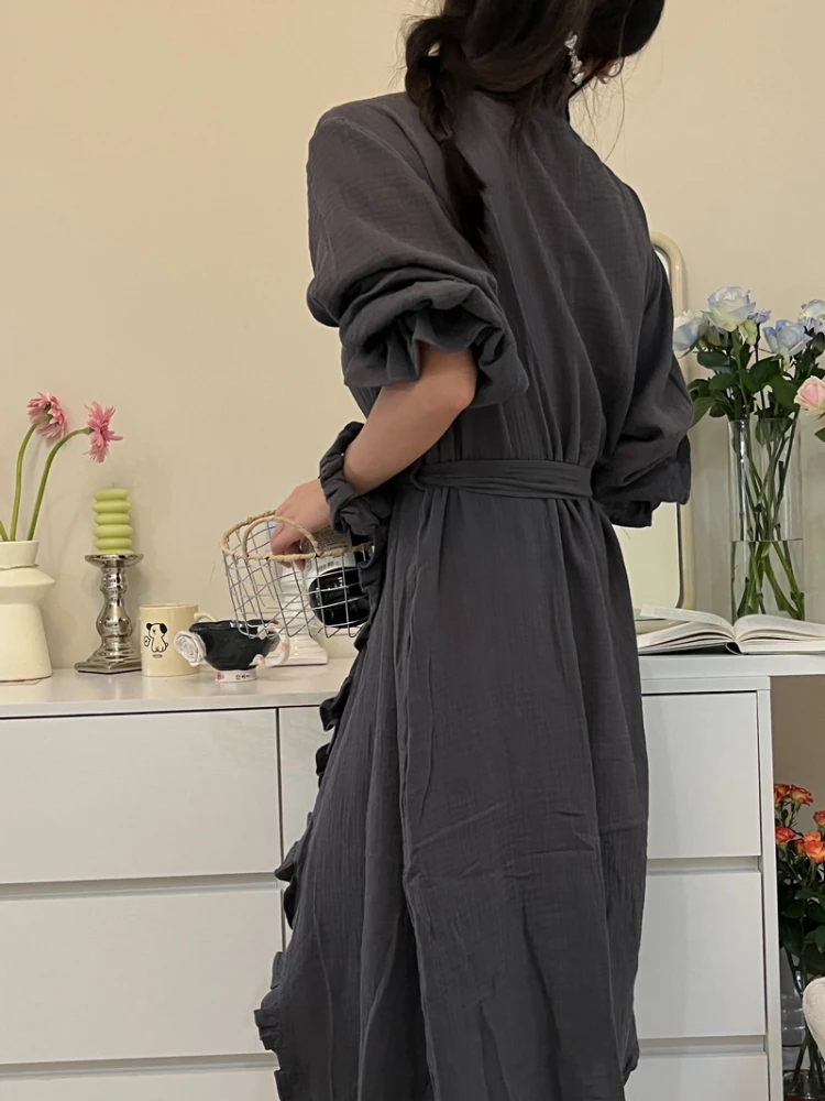 Robes Women V-neck Ruffles 4 Colors Fashion Sexy Sleepwear Simple Sleepwear Midi Nightdress Bathrobe Comfortable Homewear Ins