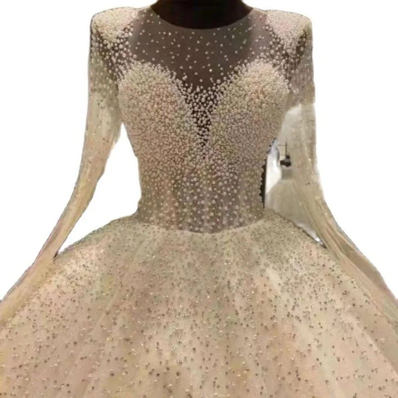 

Luxury Arabic Dubai Wedding Dresses Long Sleeves Hand Pearls Puffy Princess Bridal Gowns 2024 Customed Vestidos De Noiva