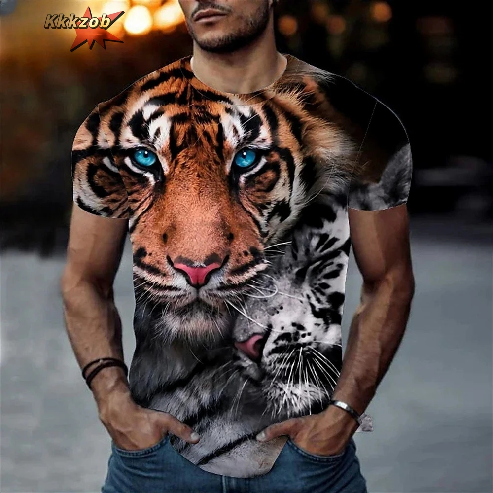 

Fierce Tiger Animal Pattern Men's T-Shirts Short Sleeve 3D Animal Printed Trend Street Tee Oversized T Shirt Men Clothing Tops