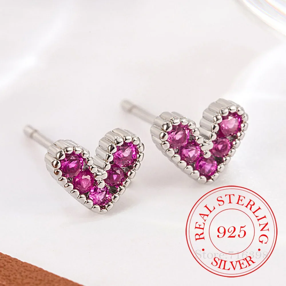

925 Sterling Silver French Romantic Vintage Rose Red Heart Stud Earrings For Women Wedding Party Gift Pendientes Mujer Moda